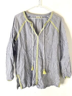 Spartina 449 Blue White Stripe 100% Linen Tassel Tunic Blouse Coastal